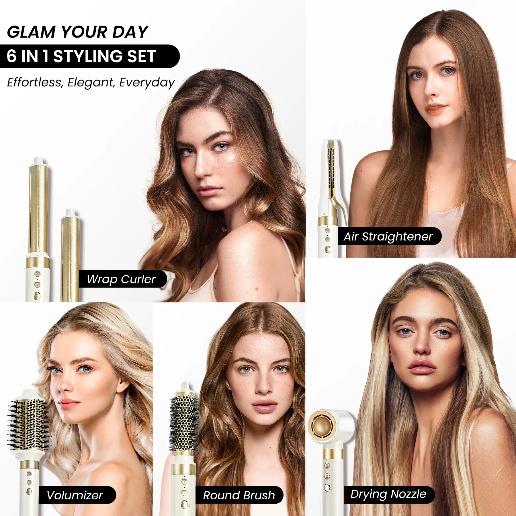A multi-photo banner with diverse models showcasing styling results like wrap curls, airy waves, and smooth volume achieved with the GLAMUP multi hair styler.