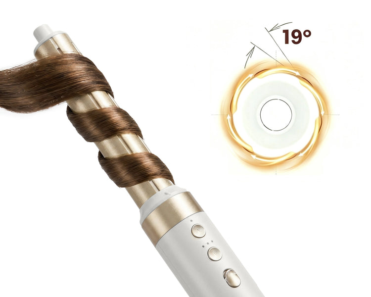 Technical demonstration of the GLAMUP AirStyler showing multi-angle air vents at a 19-degree angle that utilize the Coanda effect to automatically attract and wrap hair smoothly around the barrel with no stray strands