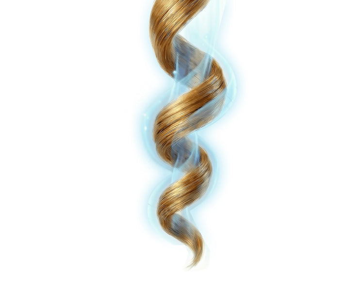 A close-up of a perfectly styled shiny blonde hair curl surrounded by a cooling blue airflow, illustrating the GLAMUP AirStyler cool shot feature that instantly sets styles, seals the cuticle for maximum volume, high shine, and all-day hold.