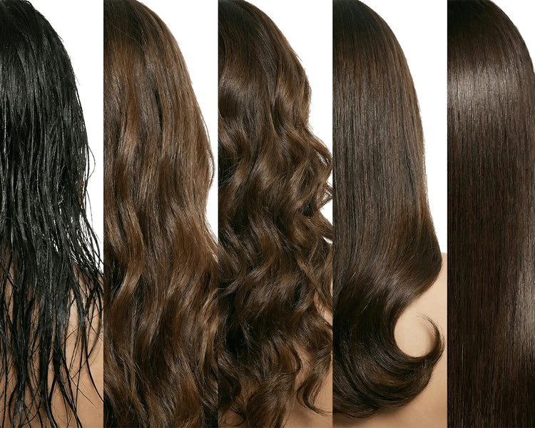 A 5-panel hair transformation photo from wet to styled, demonstrating the endless possibilities of the GLAMUP AirStyler. The image showcases five stages of brown hair being dried, smoothed, curled, and straightened using versatile precision attachments for a total transformation.