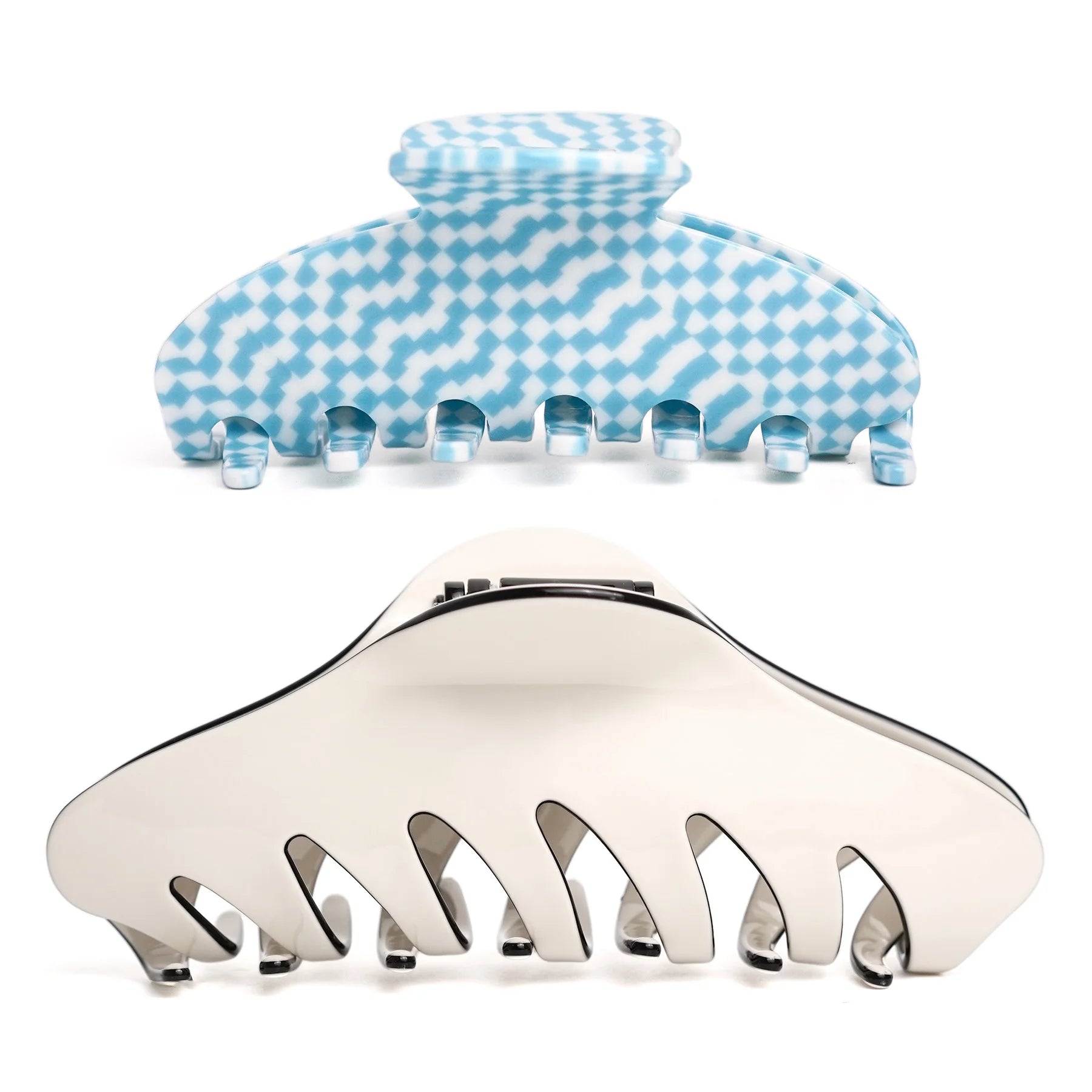 Studio display of the Glamup All-Day Hold Claw Clip Set in extra large XL size, featuring blue checkered and white clips designed as a claw clip for thick hair