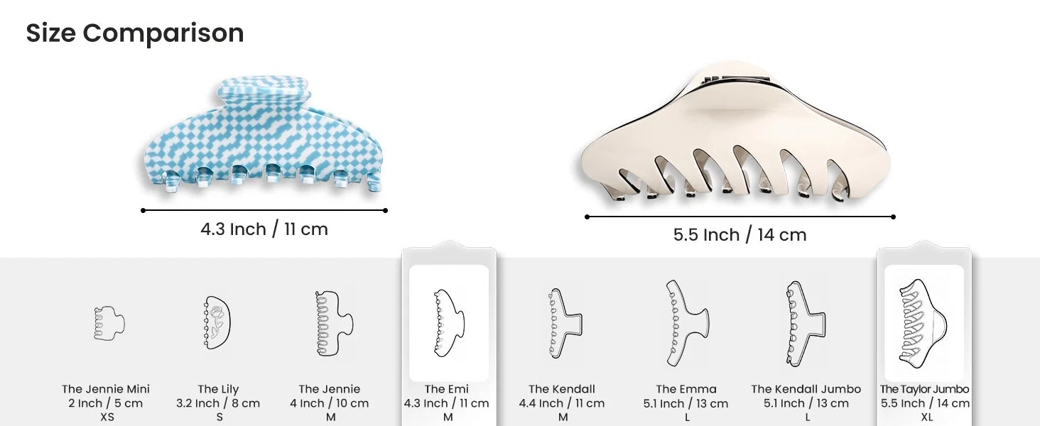 A comprehensive size comparison chart for the Glamup extra large XL size claw clip set tailored as a claw clip for thick hair.