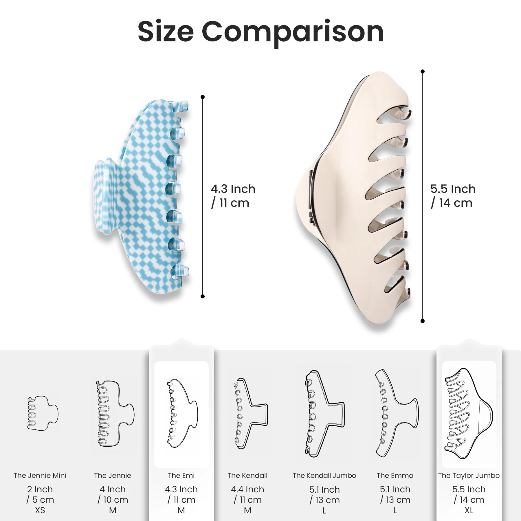 A detailed size comparison chart showing dimensions for the Glamup extra large XL size claw clip set designed for thick hair.
