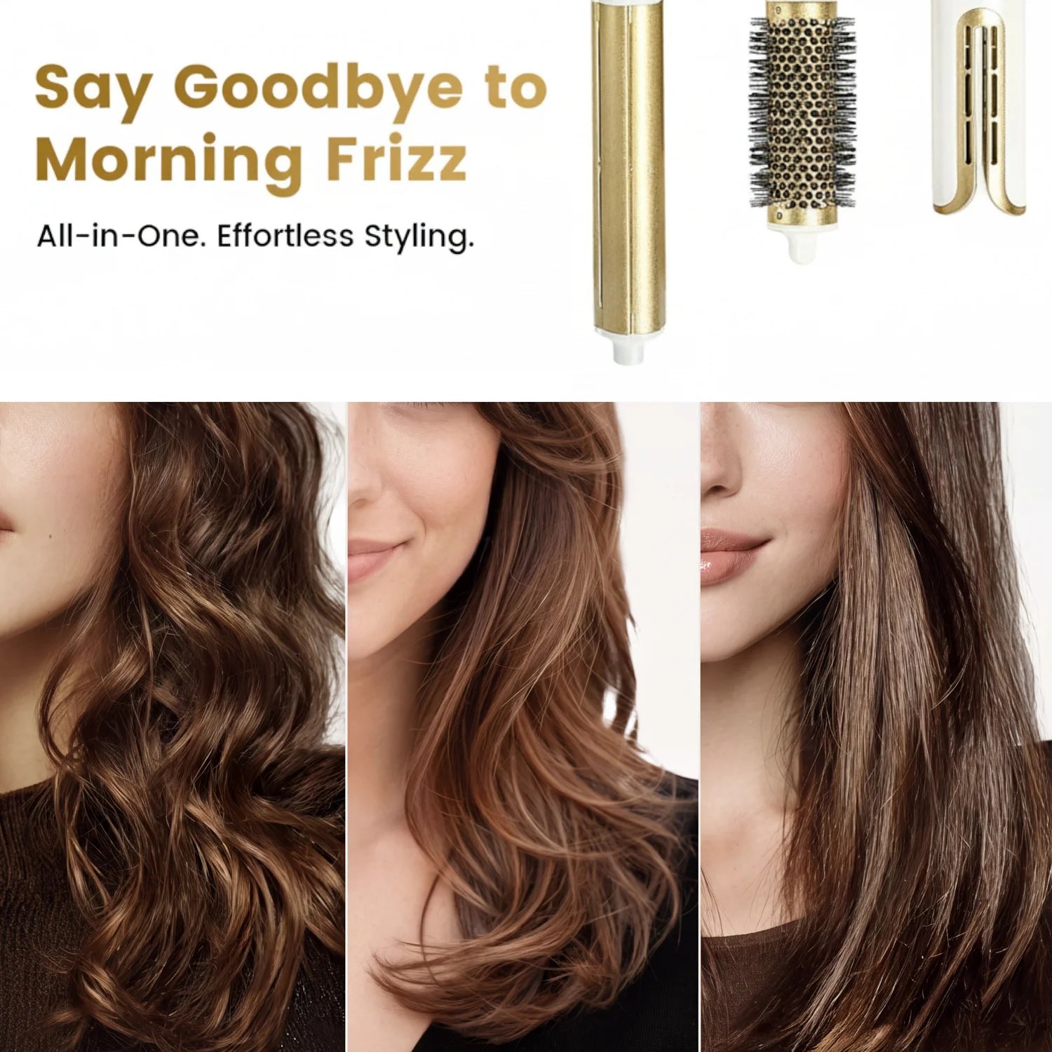 A marketing banner titled Say Goodbye to Morning Frizz showcasing GLAMUP all-in-one effortless styling results, with a four-panel transformation sequence of a woman changing messy tangled hair into smooth beachy waves, a salon blowout, and a sleek straight look using interchangeable attachments like the round brush.