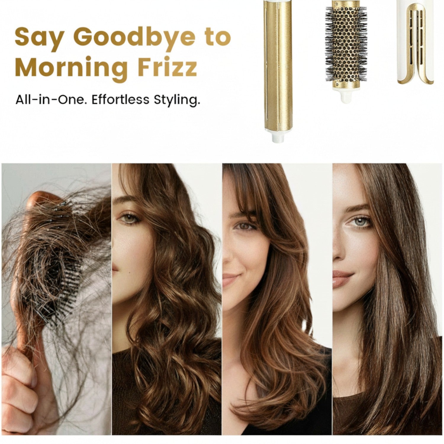 A marketing banner titled Say Goodbye to Morning Frizz showcasing GLAMUP all-in-one effortless styling results, with a four-panel transformation sequence of a woman changing messy tangled hair into smooth beachy waves, a salon blowout, and a sleek straight look using interchangeable attachments like the round brush.