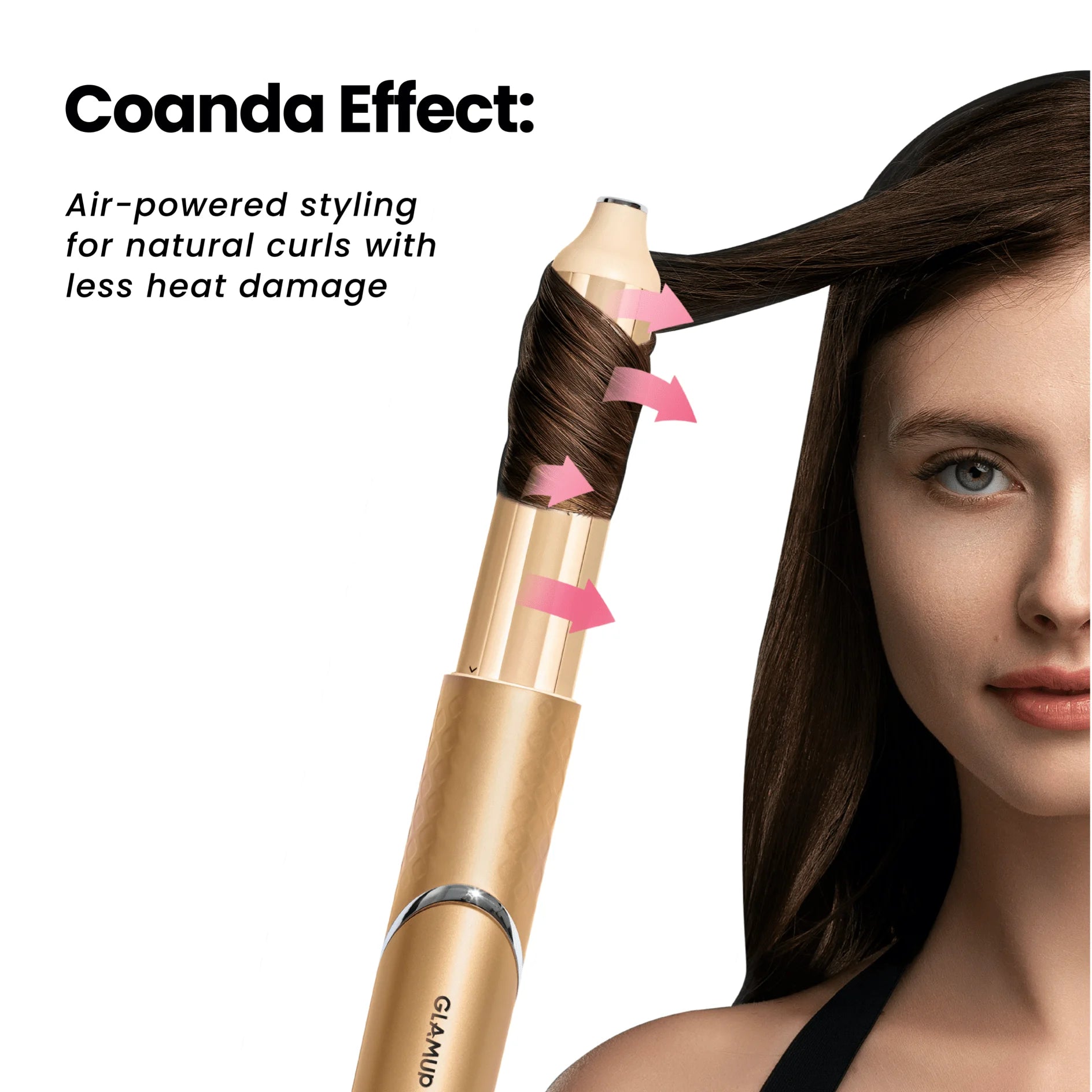 GLAMUP styling tool using Coanda effect air-powered technology for natural curls with less heat damage.