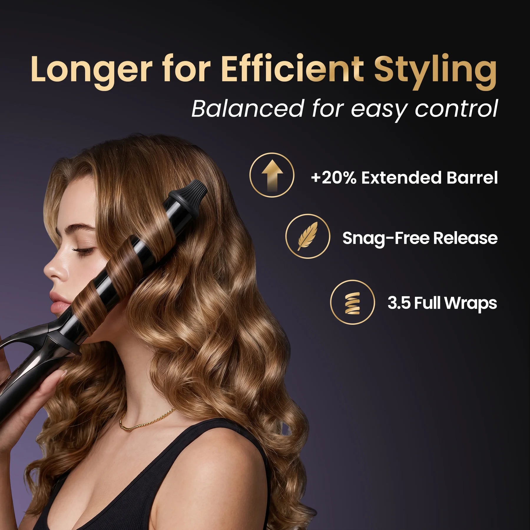 A woman using GLAMUP 20% extended barrel curling iron for quick styling on long hair.