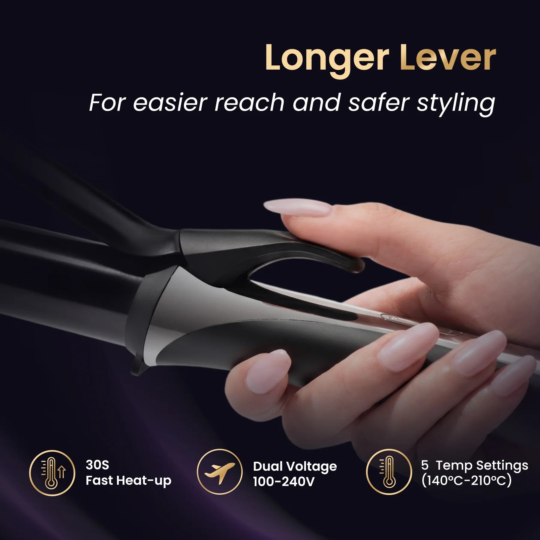 GLAMUP curling iron with a longer lever, 30s fast heat up, and worldwide dual voltage.