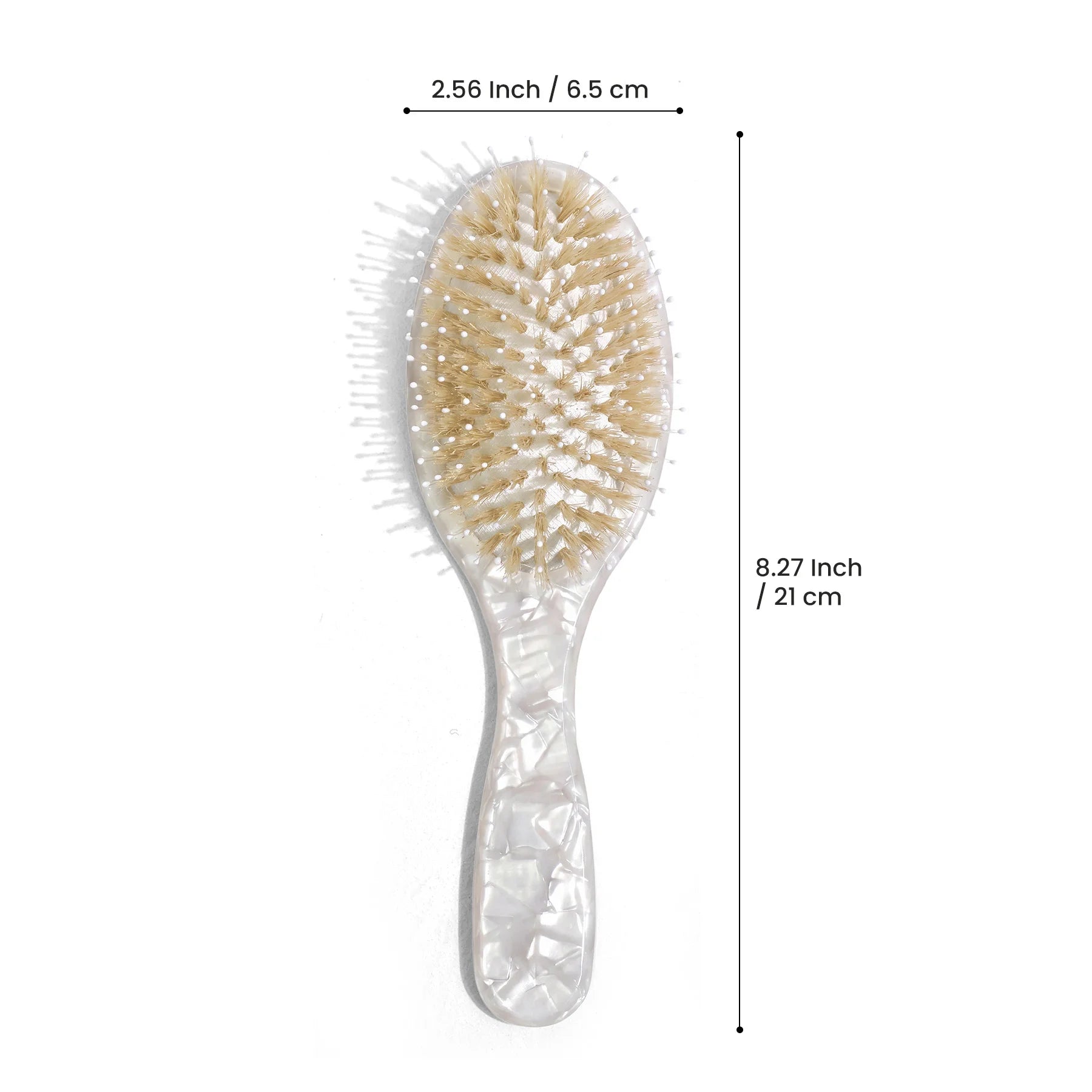 A hairbrush with a translucent white handle and beige bristles, shown on a white background with dimension lines and text indicating its height of 8.27 inches (21 cm) and head width of 2.