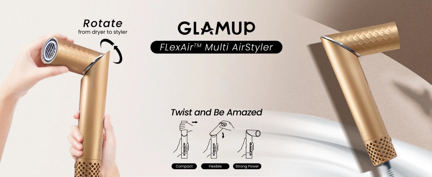 A promotional banner of the golden GLAMUP FlexAir Multi AirStyler, showing how the innovative handle twists and rotates 90 degrees from a high-speed hair dryer into a versatile styling wand.