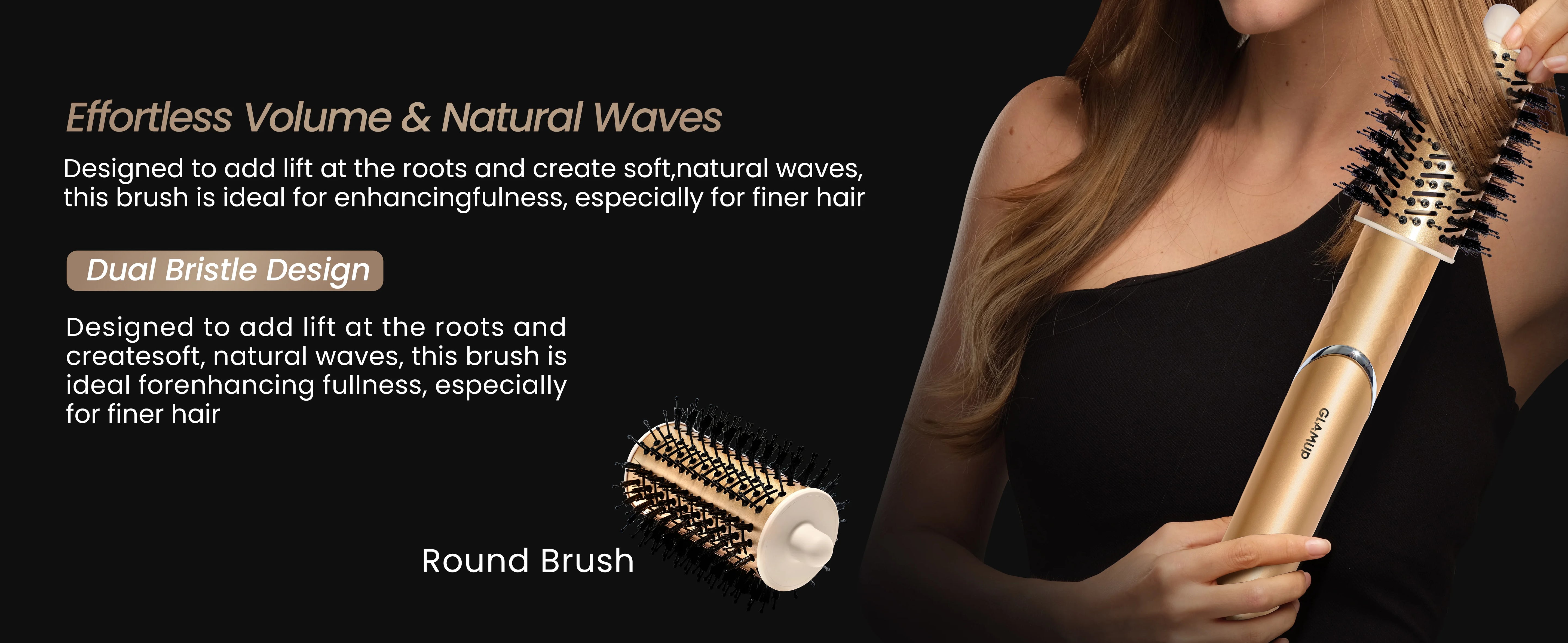 A wide product detail banner for the golden GLAMUP FlexAir, focusing on the detachable Round Brush attachment with its Dual Bristle Design. A model demonstrates adding lift at the roots to create soft, natural waves, perfect for enhancing fullness in finer hair