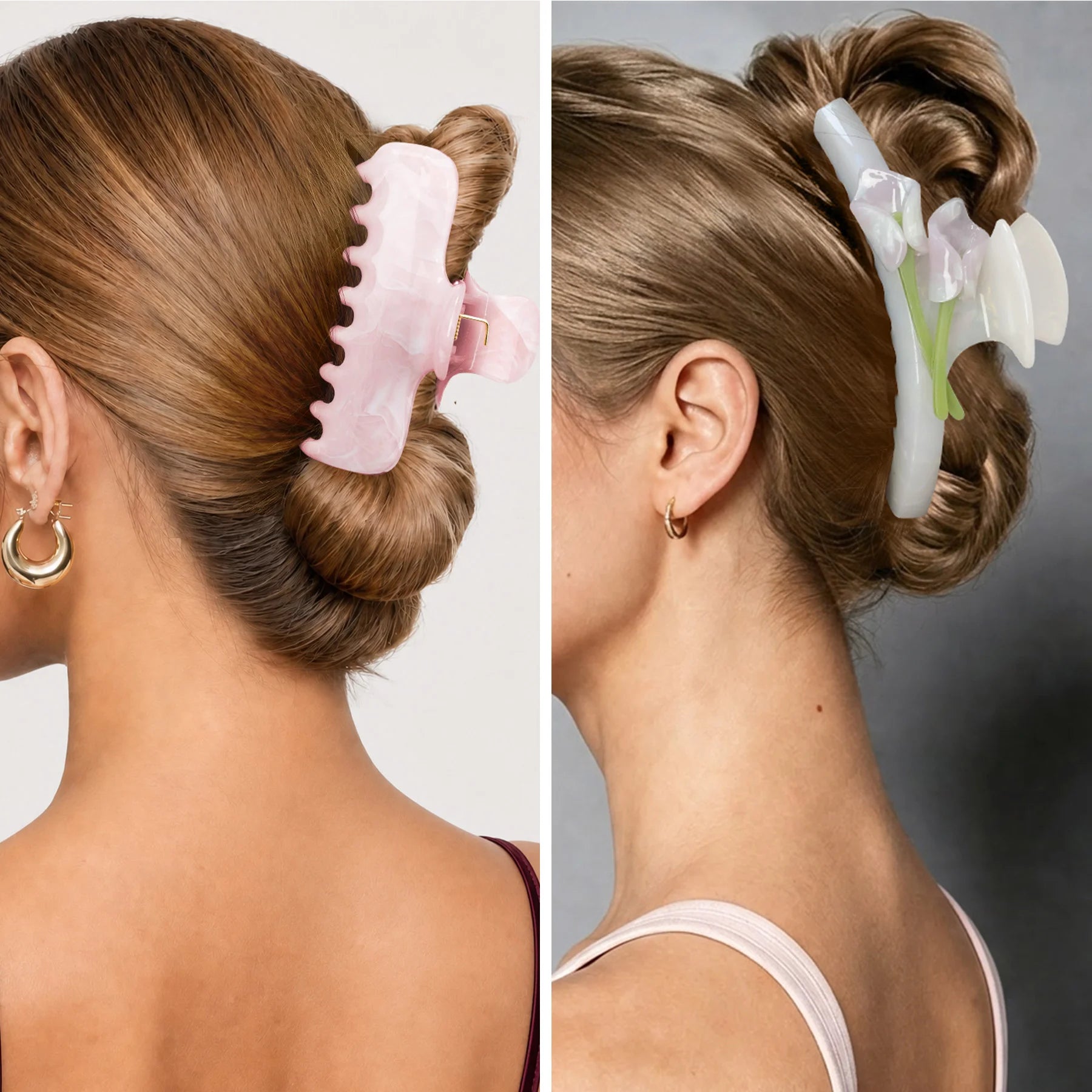 Two models showcasing different hairstyles achieved with the Glamup Flora large claw clip set, demonstrating secure hold and all-day styling.