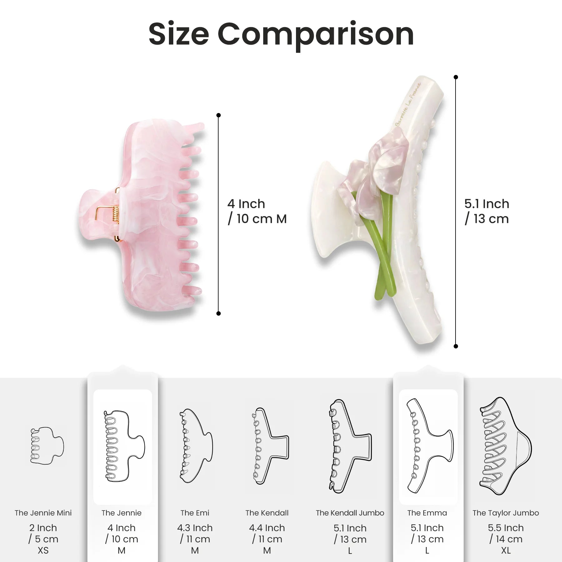 Size comparison chart detailing the dimensions of the Glamup Flora claw clip set, including a 4-inch Medium clip and a 5.5-inch Large clip.