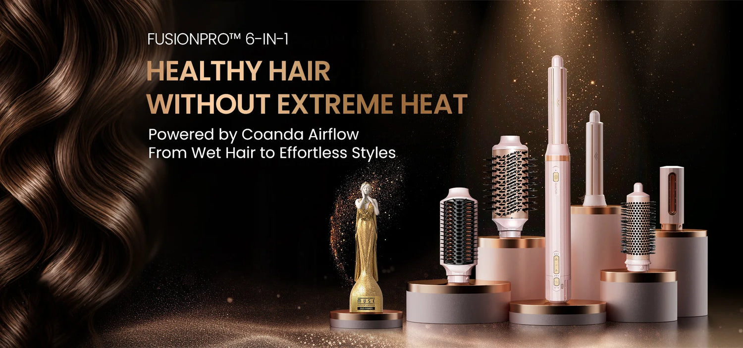 GLAMUP FusionPro 6-in-1 air styler with Coanda airflow technology, wet-to-style capability and multiple hair styling attachments