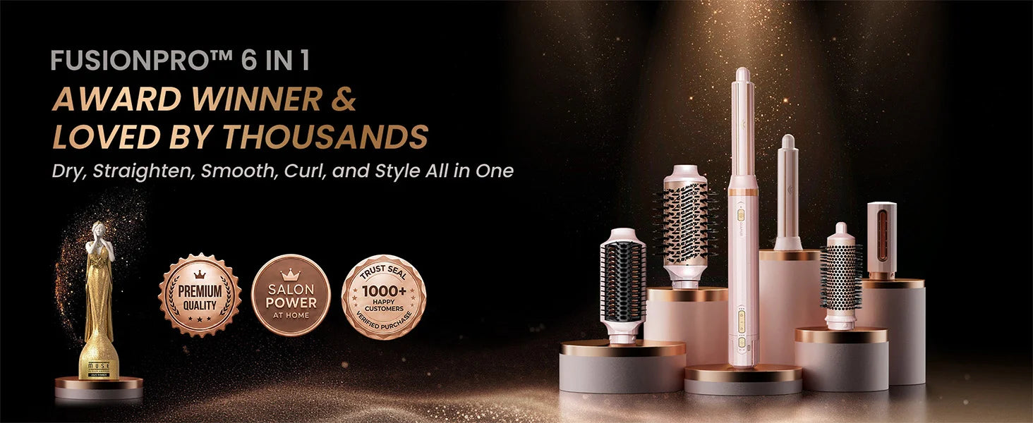 A luxury brand authority banner showcasing the Ceramic Pink GLAMUP FusionPro 6-in-1 multi hair styler standing elegantly on pillars next to professional design award gold seals