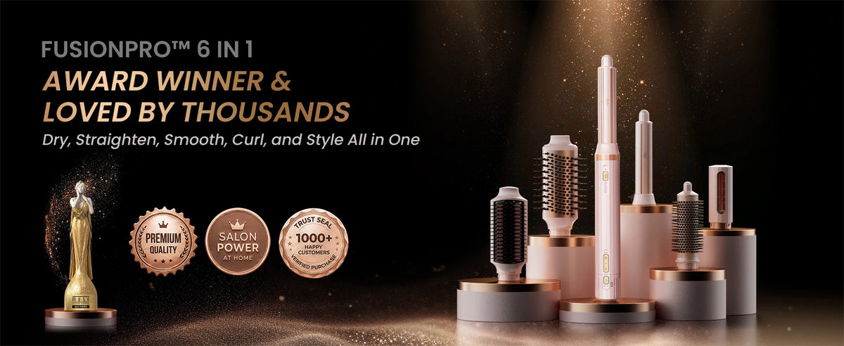A luxury brand authority banner showcasing the Ceramic Pink GLAMUP FusionPro 6-in-1 multi hair styler standing elegantly on pillars next to professional design award gold seals