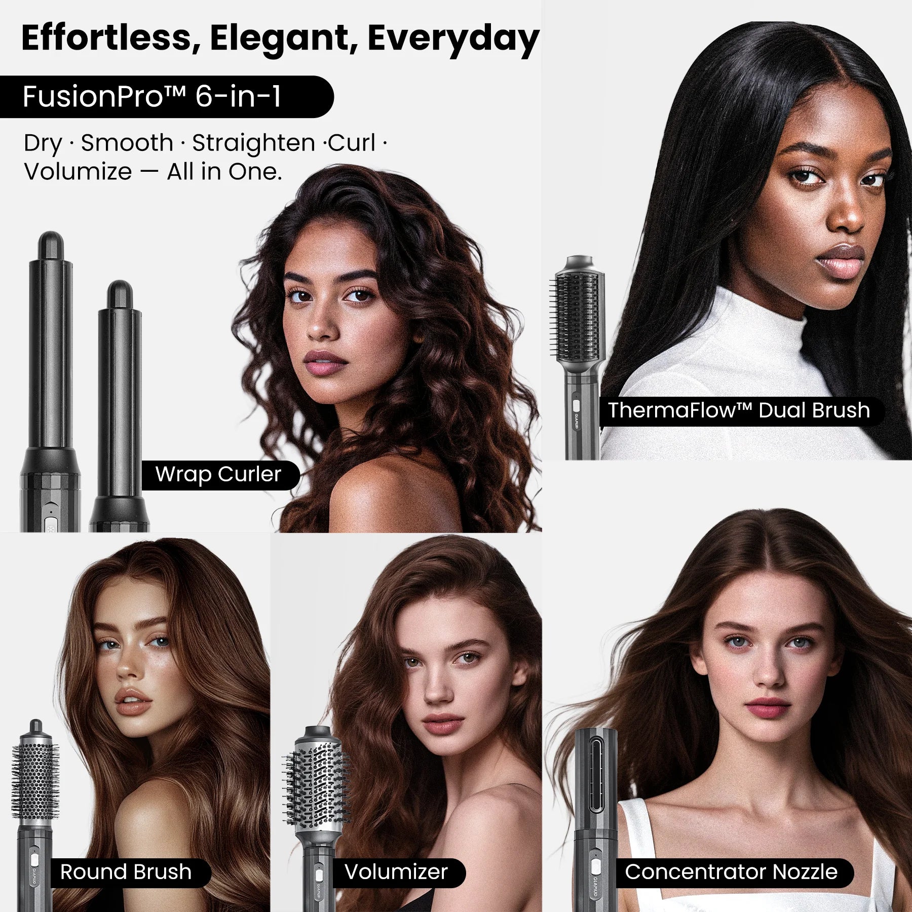 GLAMUP FusionPro 6-in-1 airstyler showcasing different styling attachments on diverse models.