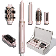 A comprehensive official product layout showcasing the Ceramic Pink GLAMUP FusionPro 6-in-1 multi-styler host with 5 interchangeable styling attachments and a luxury storage box.