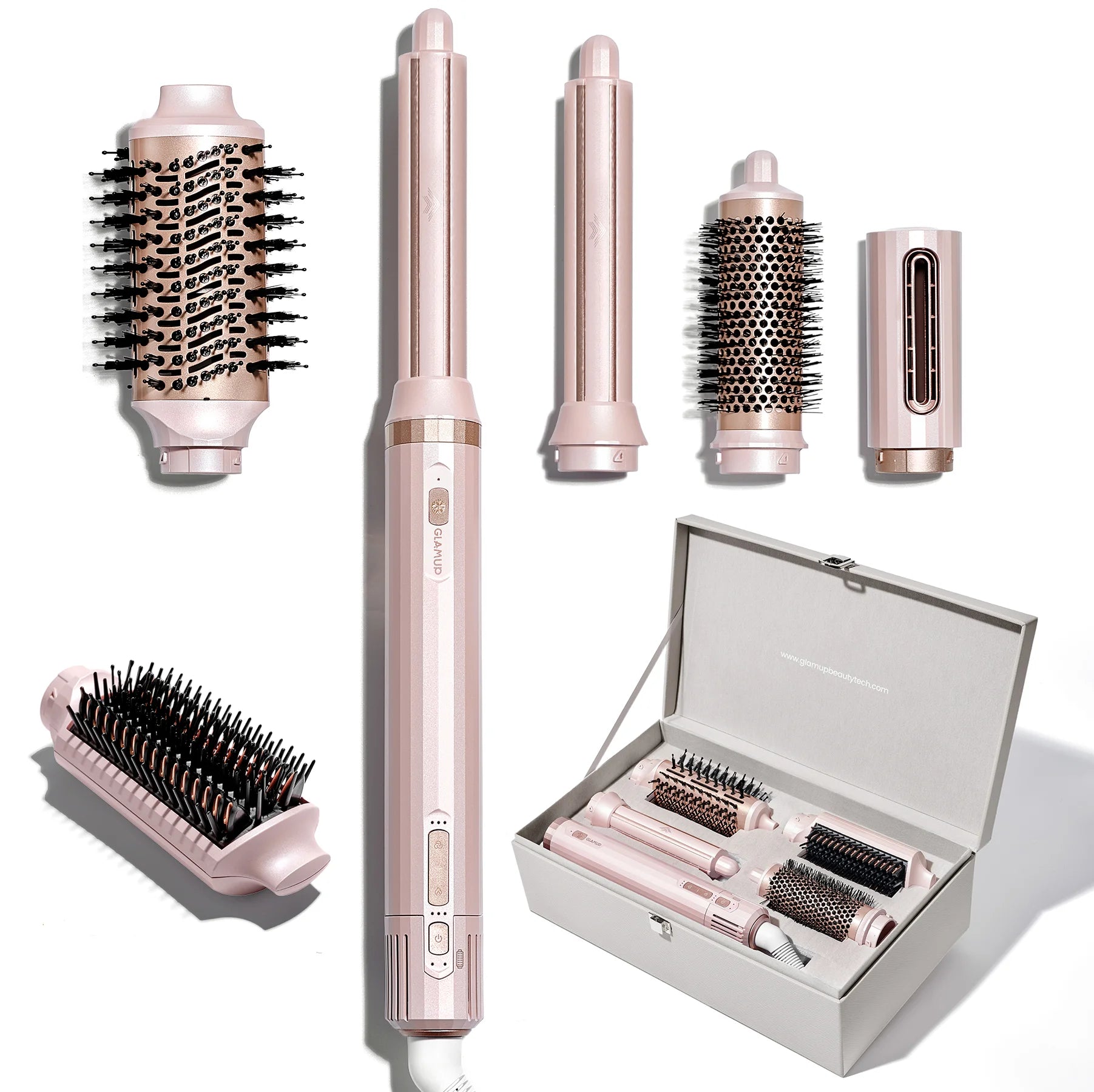 A comprehensive official product layout showcasing the Ceramic Pink GLAMUP FusionPro 6-in-1 multi-styler host with 5 interchangeable styling attachments and a luxury storage box.