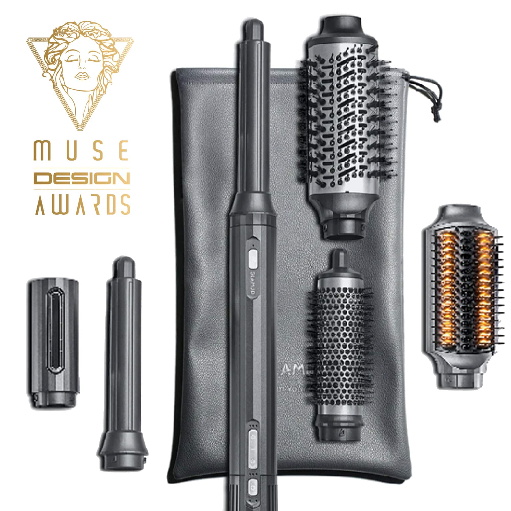 GLAMUP FusionPro 6-in-1 hot air styler wand set with travel pouch, winner of Muse Design Awards.