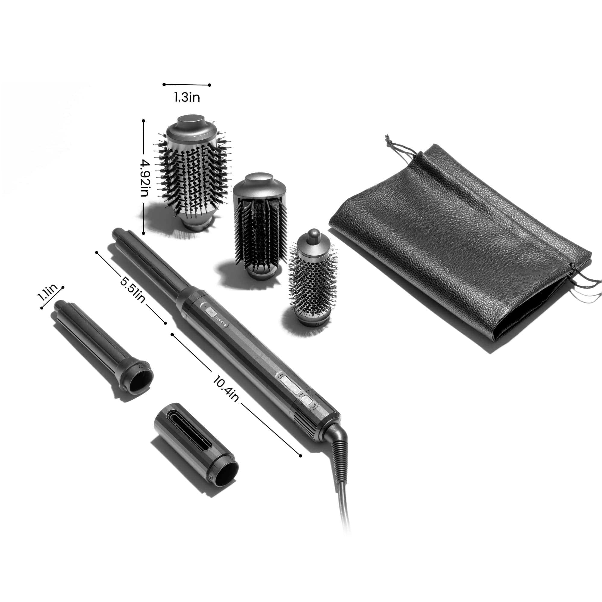 Size dimensions of GLAMUP FusionPro main handle and its interchangeable styling brush attachments.