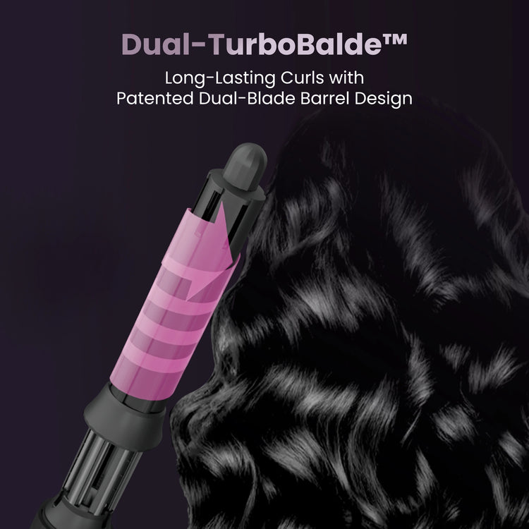 Patented Dual-TurboBlade barrel design by GLAMUP for creating long-lasting voluminous curls.