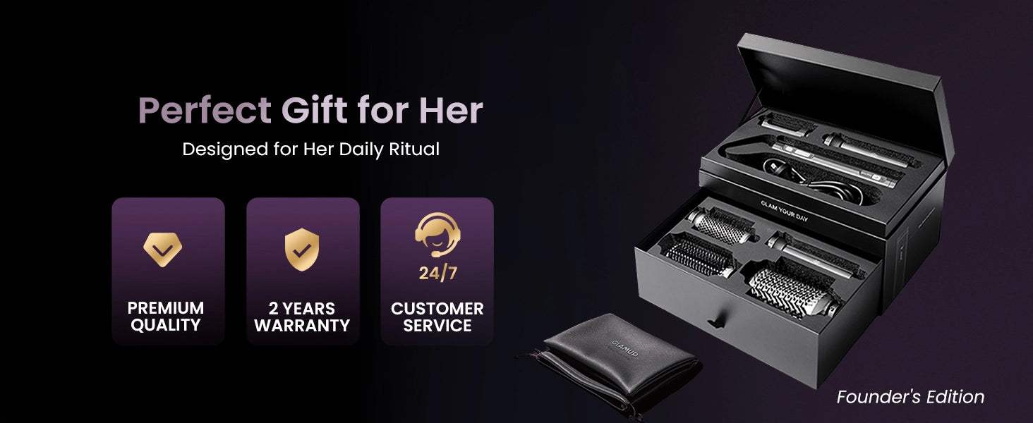 GLAMUP FusionPro luxury gift box with
premium quality, a 2 years warranty,
and 24/7 customer service trust
badges