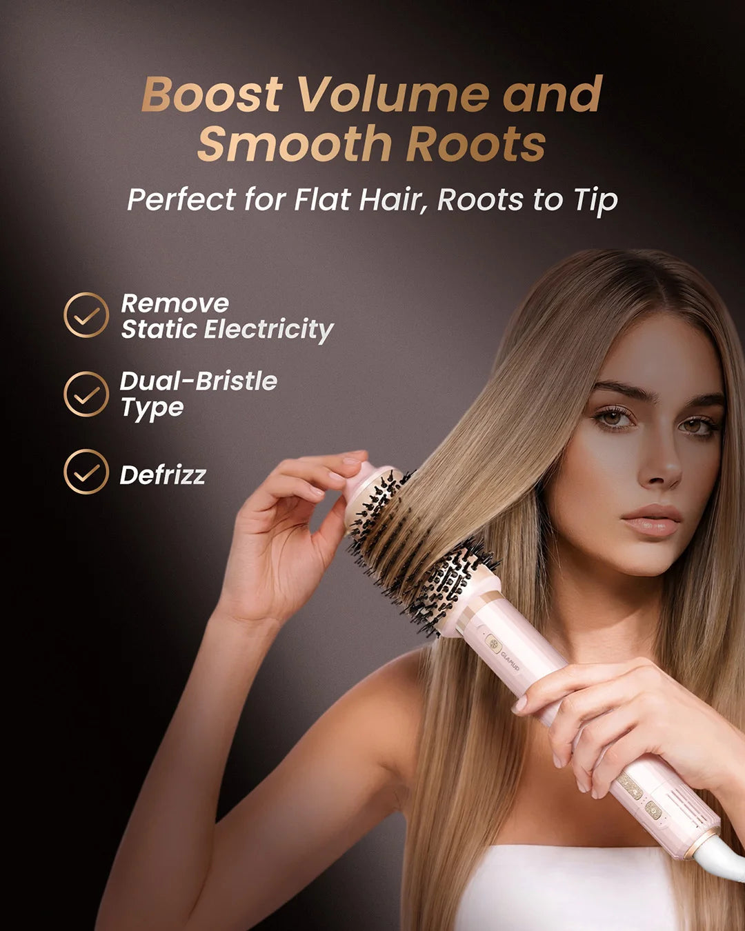 A banner showing a model styling her hair with the GLAMUP FusionPro paddle brush, highlighting features to remove static electricity and boost volume from roots to tip.