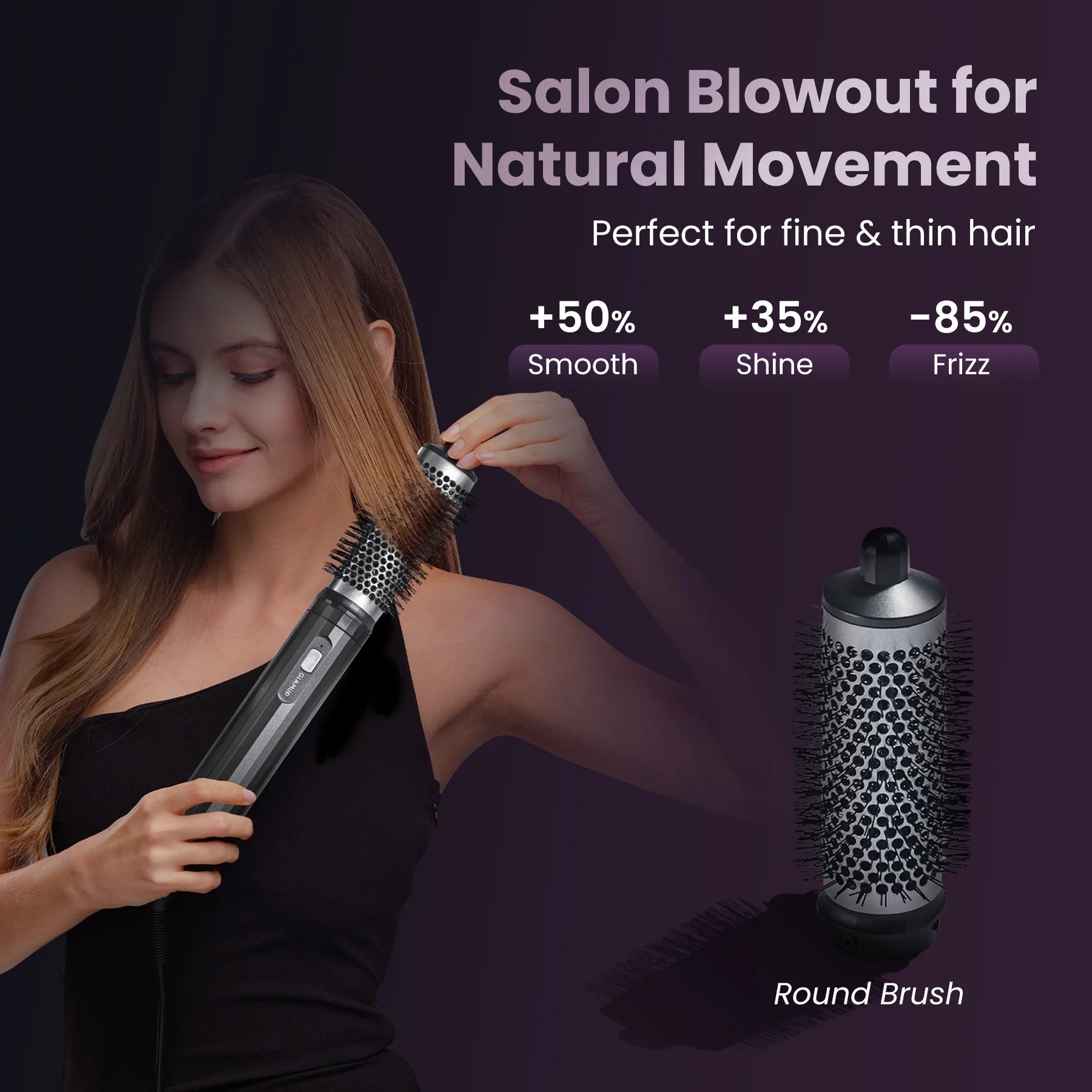 Woman using round brush air attachment for a salon blowout with natural movement on fine thin hair.