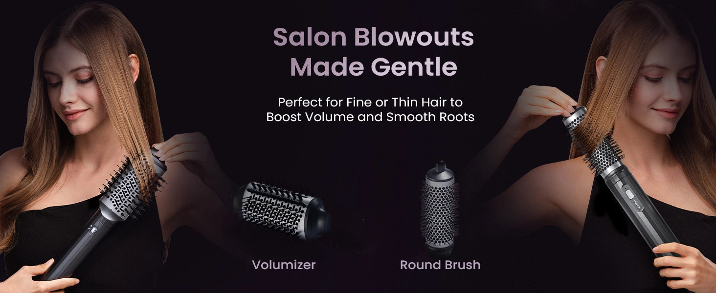 GLAMUP FusionPro round brush and volumizer attachments add gorgeous root volume to fine thin hair gently at home.