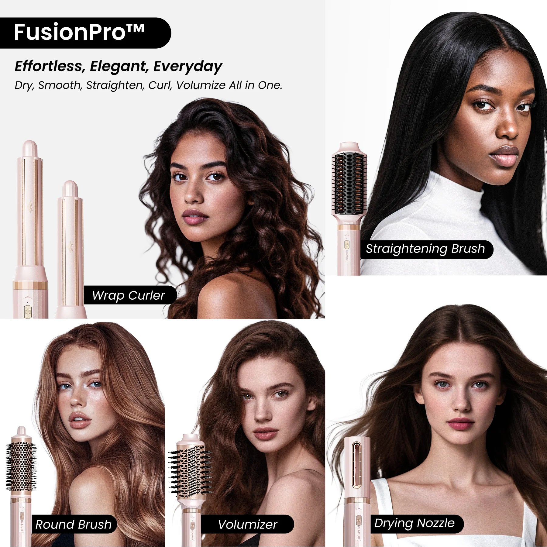 A multi-photo model banner for GLAMUP FusionPro showing four diverse models achieving effortless everyday curls, voluminous blowouts, and smooth straight hair styles.