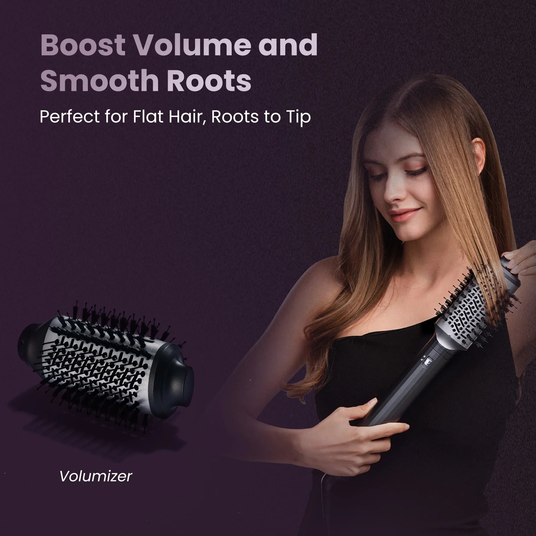 Model using GLAMUP Volumizer brush to boost volume and smooth roots for flat thin hair.