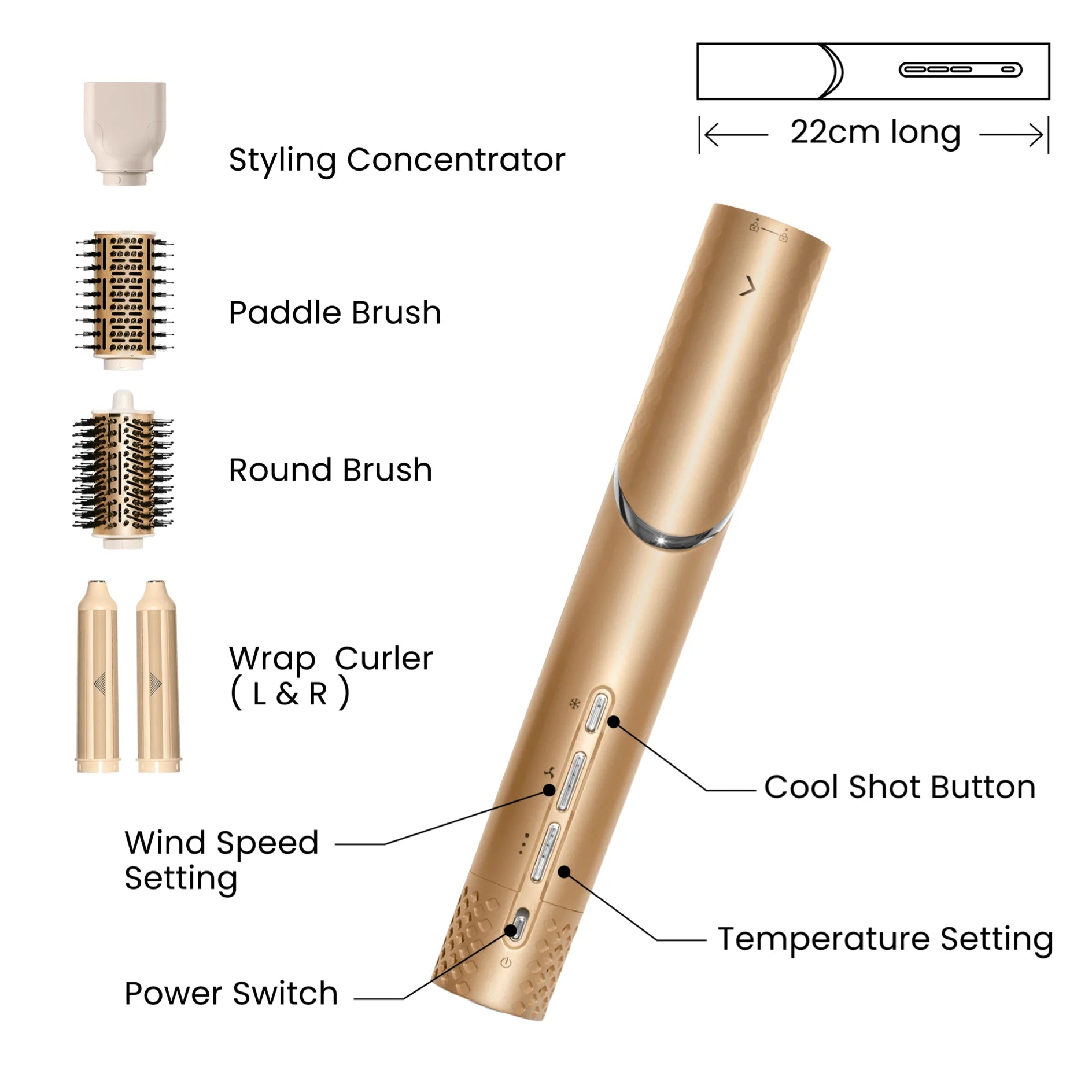 Gold GLAMUP styling tool manual outlining temperature settings, cool shot button, and wrap curler.