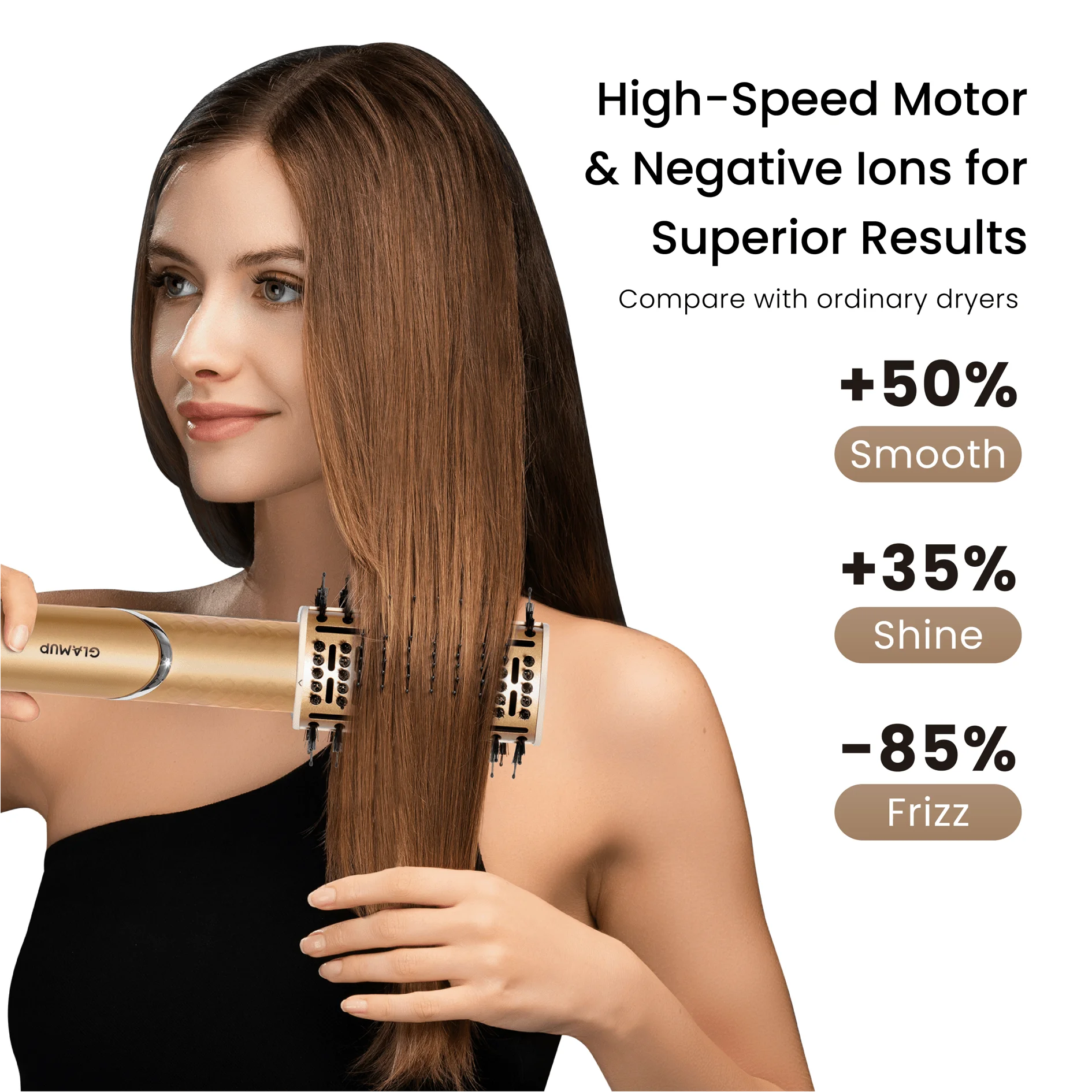 Model showing smooth and shine hair results from GLAMUP high-speed motor and negative ions.