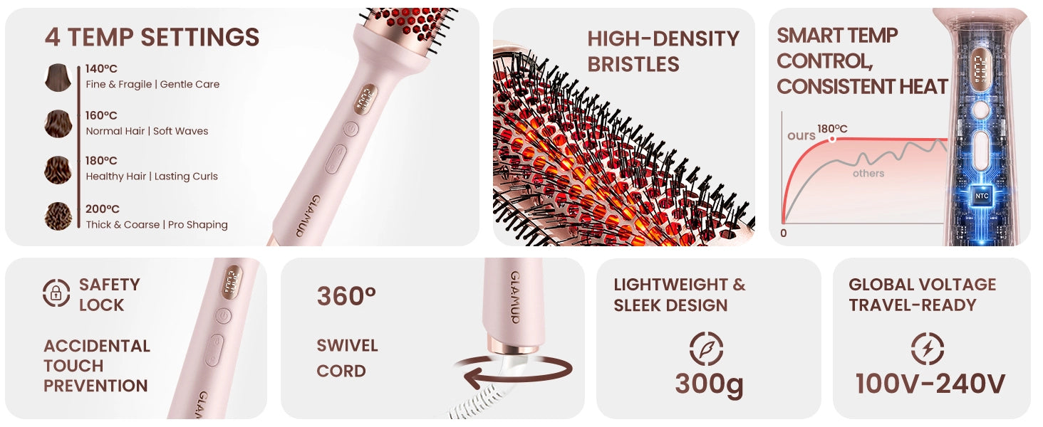 GLAMUP infrared brush features including 4 temp settings, high density bristles and a 300g lightweight design