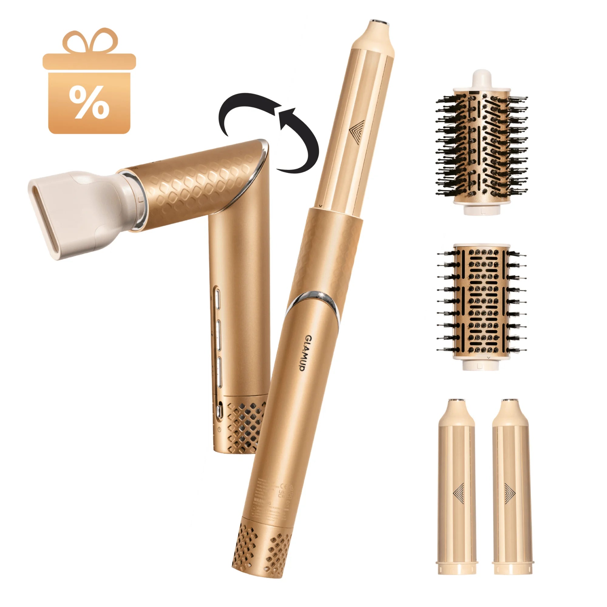 GLAMUP complete 6-in-1 multistyler gift set showing interchangeable brushes and rotating hair dryer handle.