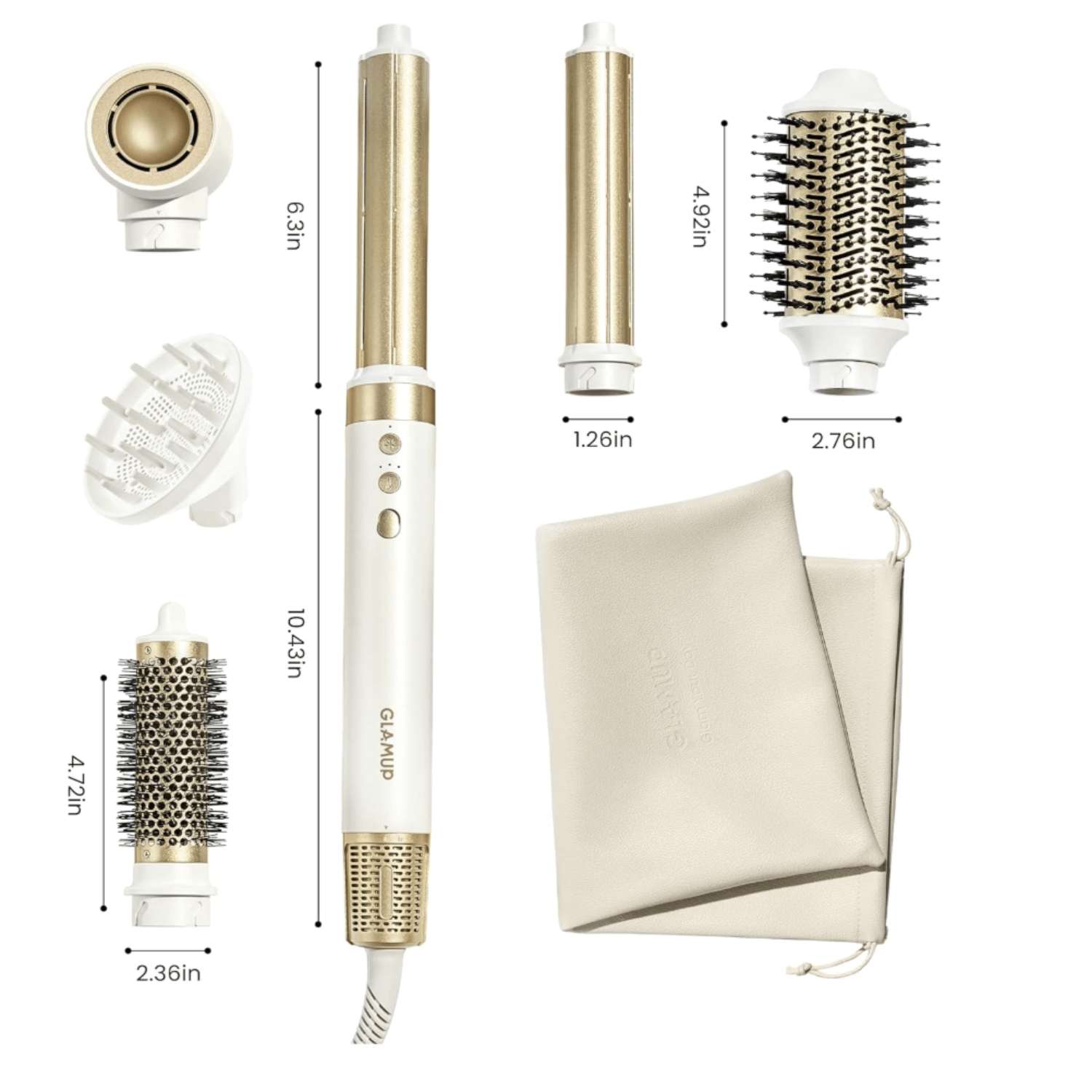 A technical dimension specification sheet displaying the exact sizes, lengths, and measurements of the GLAMUP main unit and its interchangeable styling brush and nozzle attachments.