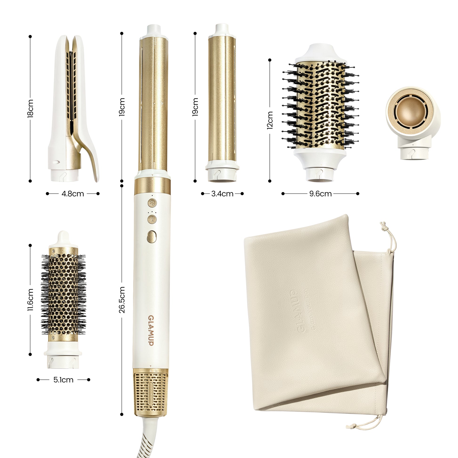A line drawing specification sheet displaying the exact sizes and dimensions of the GLAMUP main unit and its interchangeable styling brush and nozzle attachments.