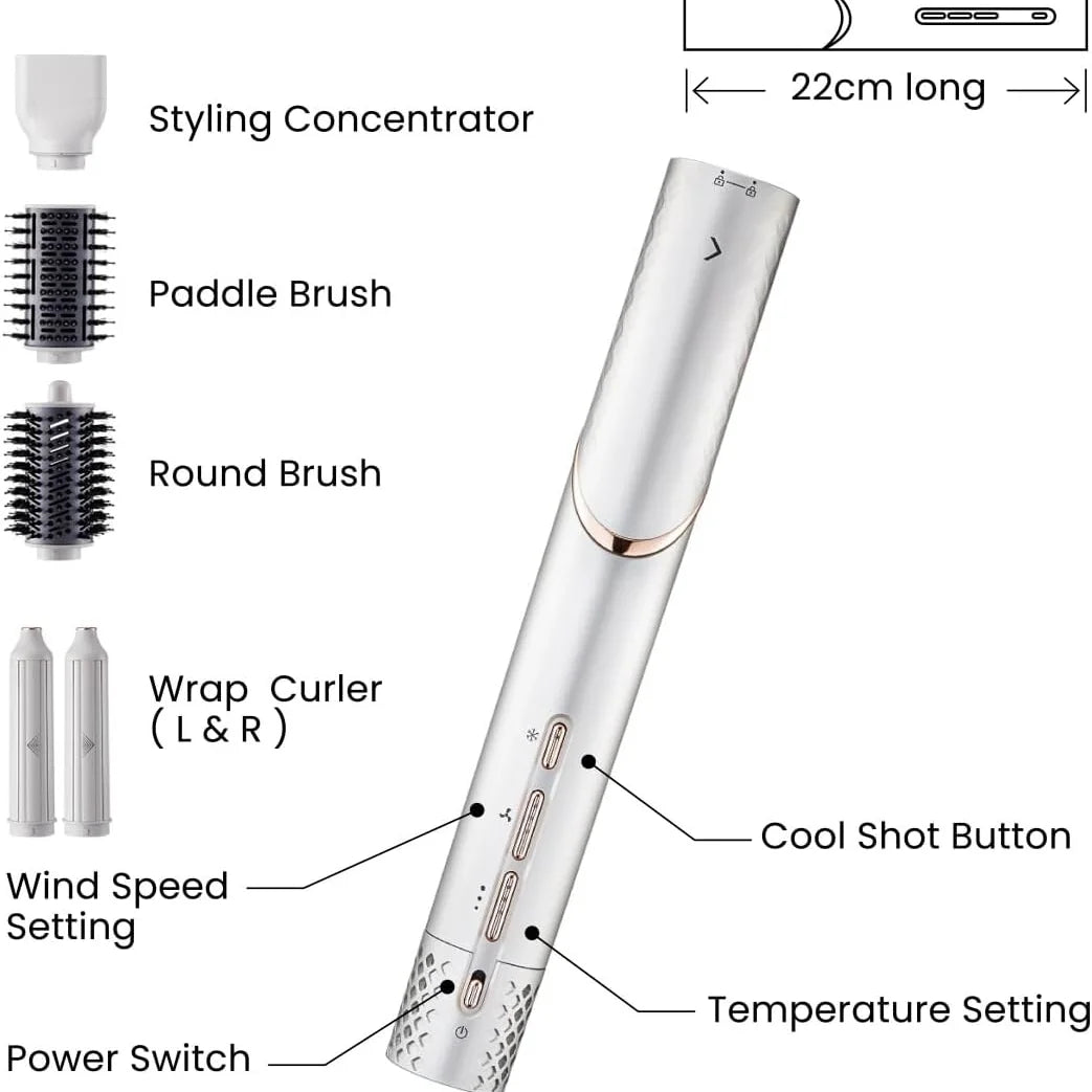 GLAMUP multistyler interface diagrams showing the cool shot button, speed settings, and paddle brush.