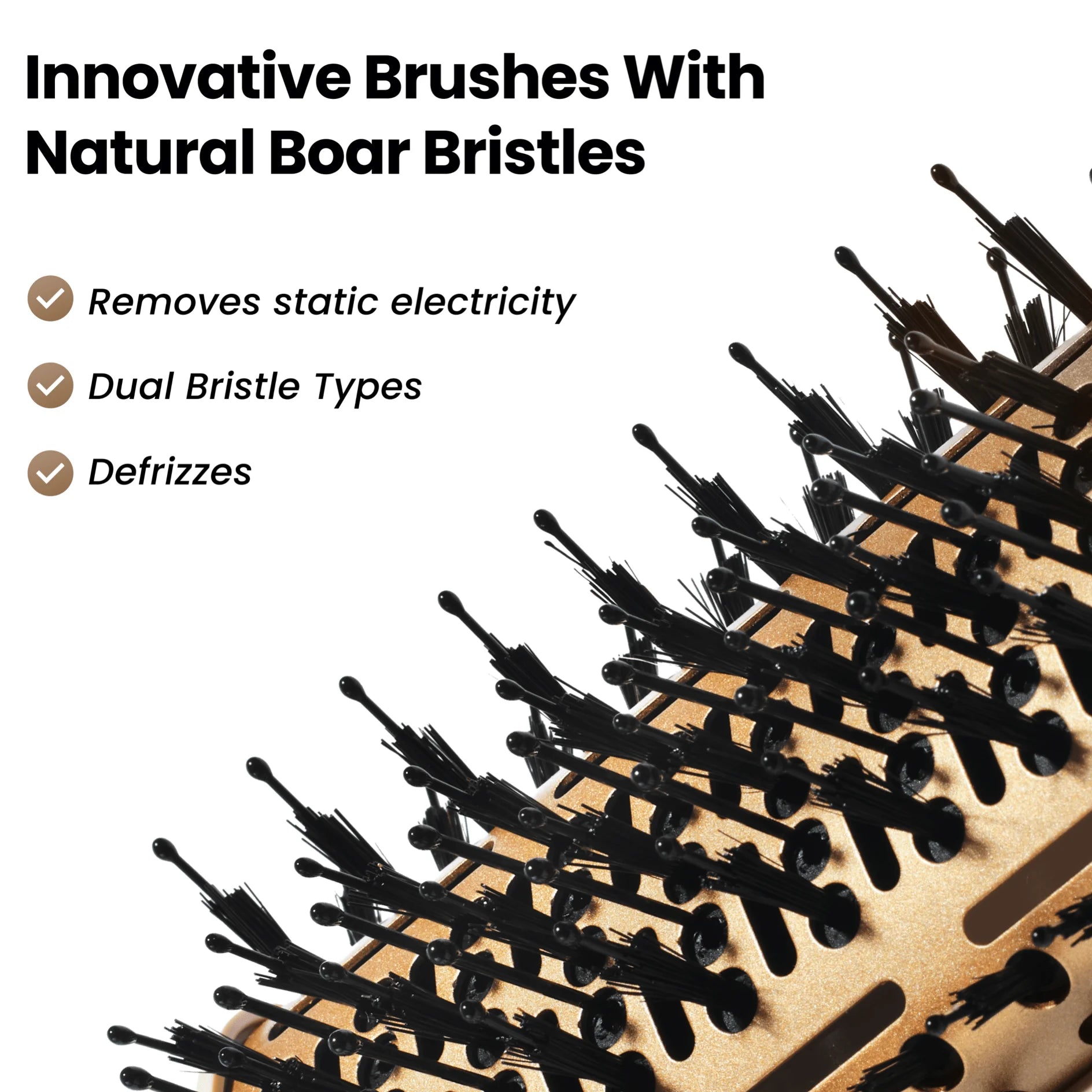 Close up of GLAMUP natural boar bristles designed to remove static electricity and defrizz hair.