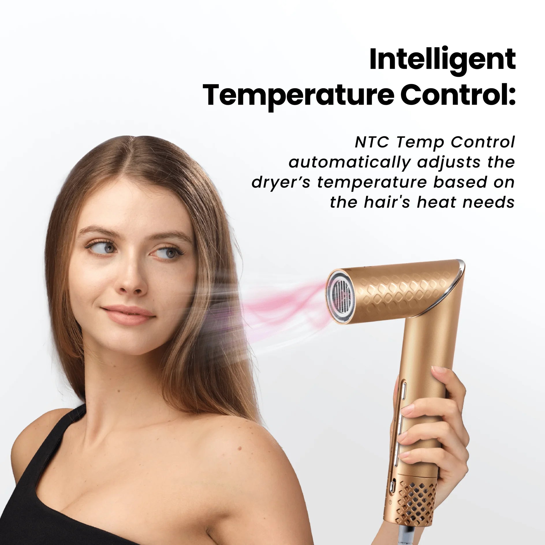 GLAMUP hair dryer with NTC smart temperature control automatically adjusting heat for hair needs.