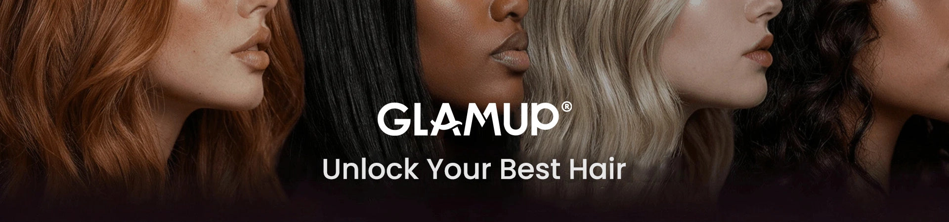 The official GLAMUP brand banner showcasing a diverse group of women with different hair types, textures, and hair colors, featuring the registered GLAMUP logo and the inspiring slogan "Unlock Your Best Hair" to provide FAQ and trending hair style tips.