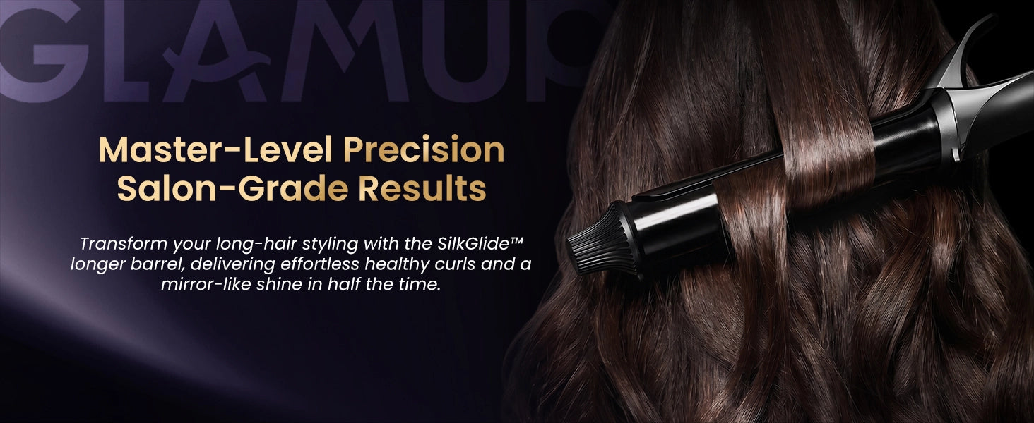 GLAMUP Smoothwave curling iron featuring SilkGlide longer barrel, ideal for long hair to achieve effortless healthy curls and mirror-like shine in half the time.
