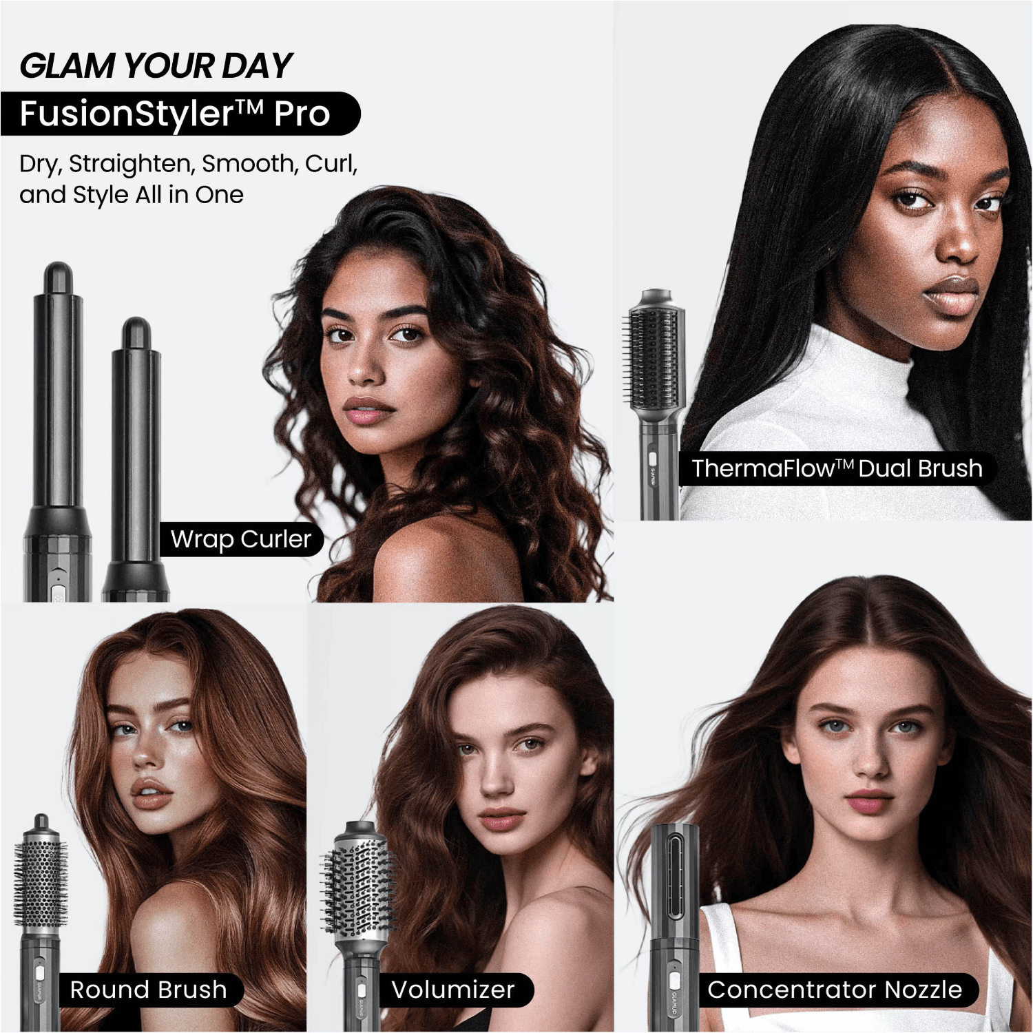 GLAMUP 6-in-1 Hair Styler showing different hair styles on various models using interchangeable attachments.