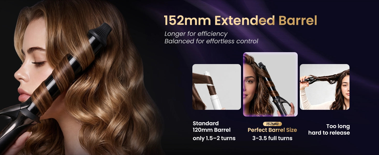 An infographic demonstrating GLAMUP SmoothWave 152mm extended barrel size achieving 3 to 3.5 full turns on a model with long hair, compared with a standard 120mm barrel for time-saving styling efficiency.
