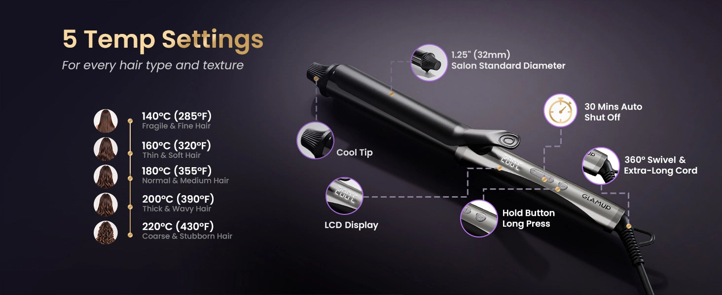 GLAMUP SmoothWave 1.25 inch 32mm salon standard diameter curling iron featuring 5 temperature settings from 140C to 220C for every hair type and texture, including an LCD display and auto shut off.