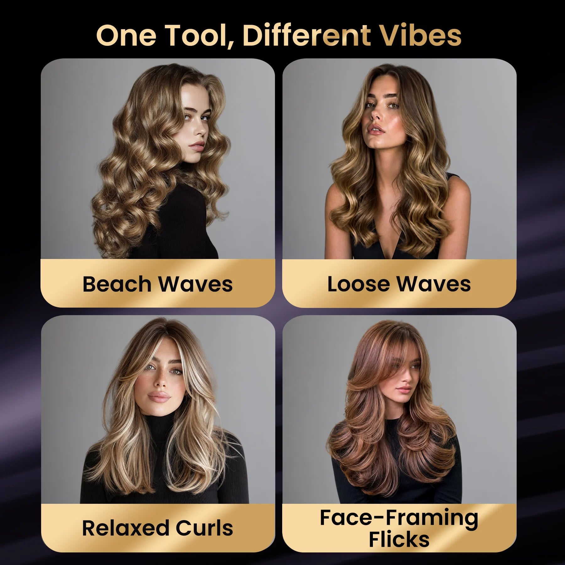Four hairstyles created by GLAMUP including beach waves, loose waves, and relaxed curls.
