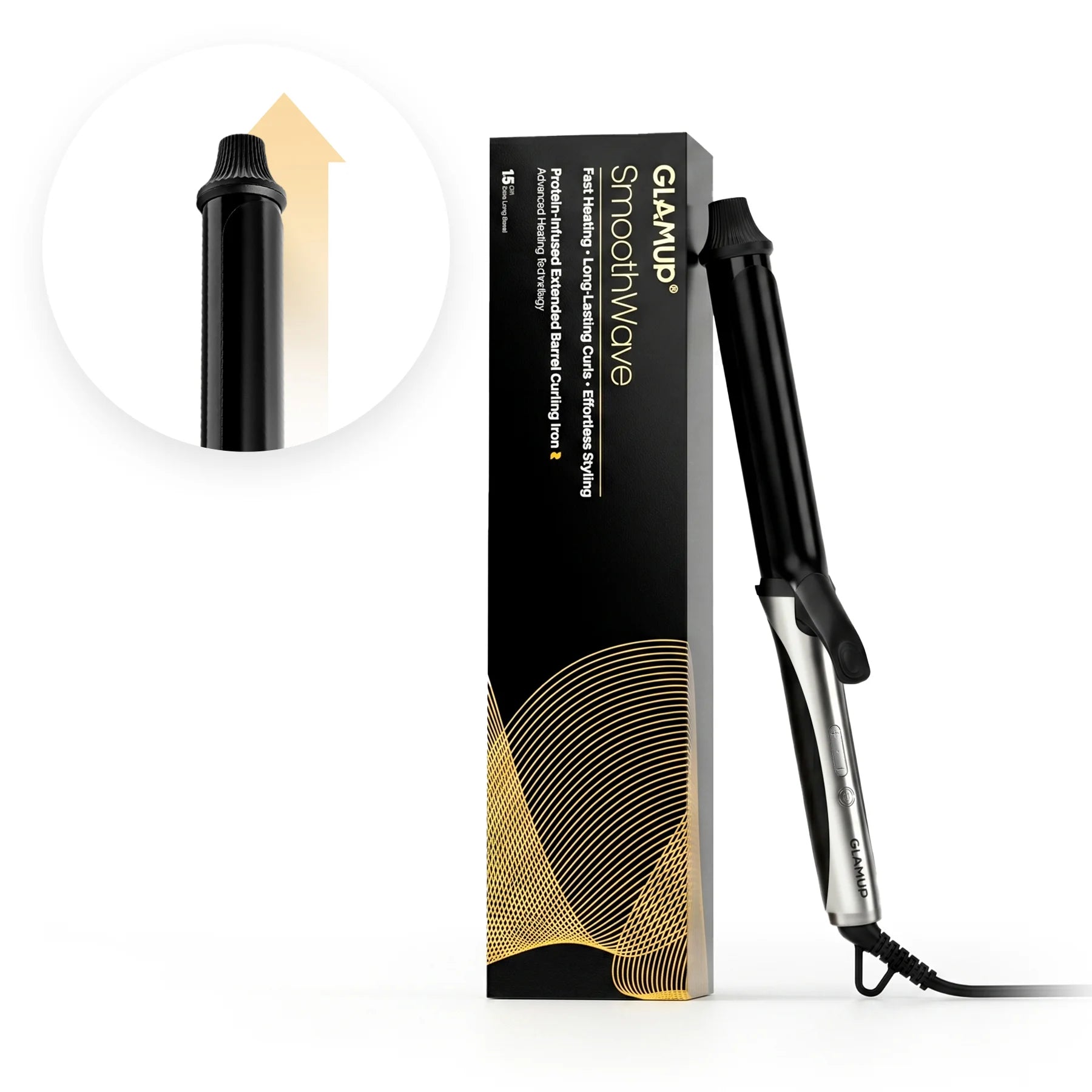 GLAMUP SmoothWave protein-infused extended barrel curling iron with premium packaging box.