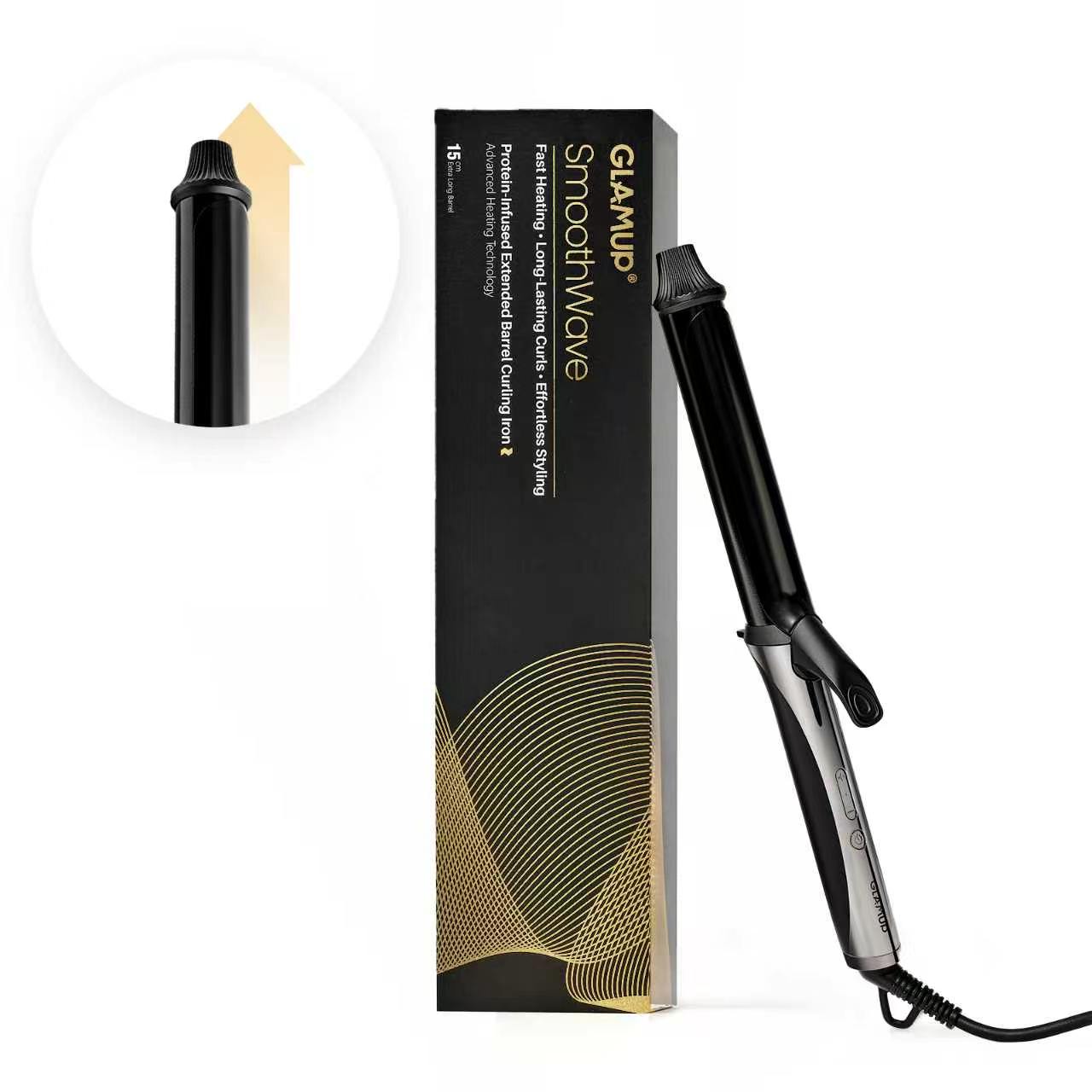 GLAMUP SmoothWave protein-infused extended barrel curling iron with premium packaging box.