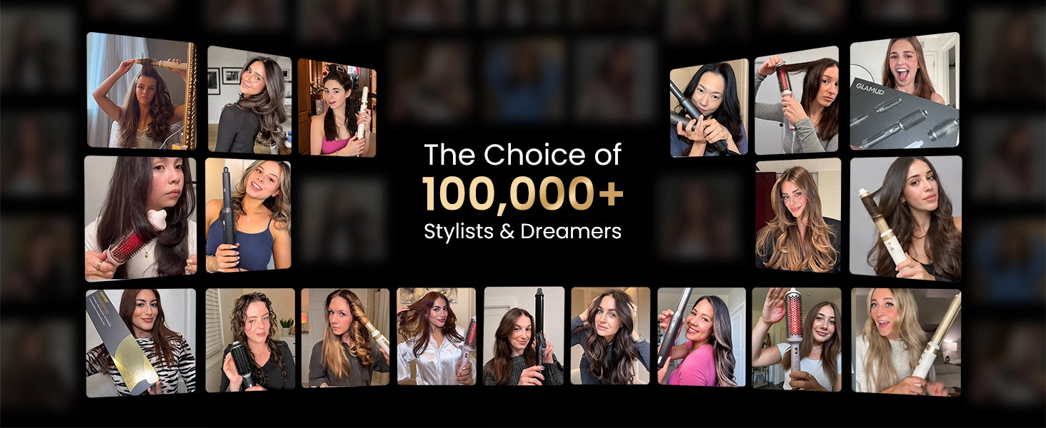 A social proof collage titled "The Choice of 100,000+ Stylists & Dreamers," featuring real photos of professional hairstylists and UGC creators demonstrating their hair styling results and routines using GLAMUP SmoothWave tools.
